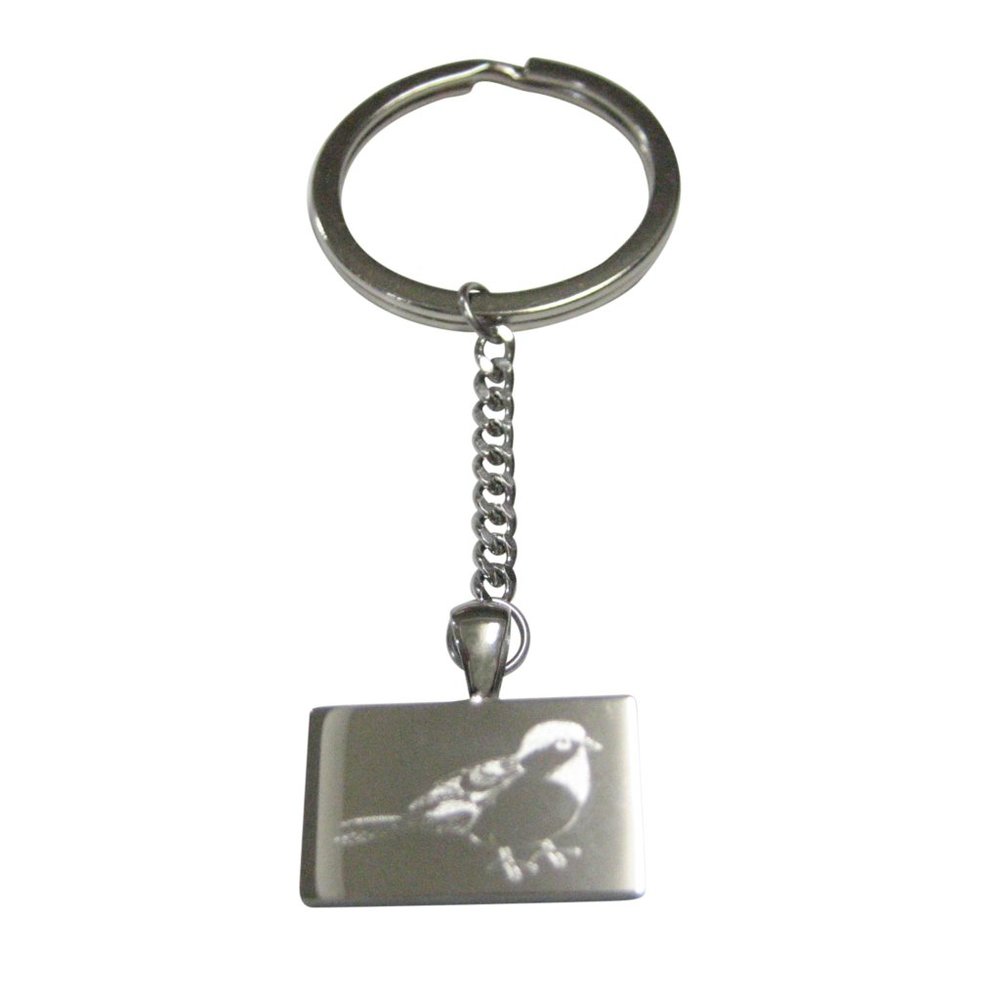 Silver Toned Rectangular Etched Chickadee Bird Pendant Keychain